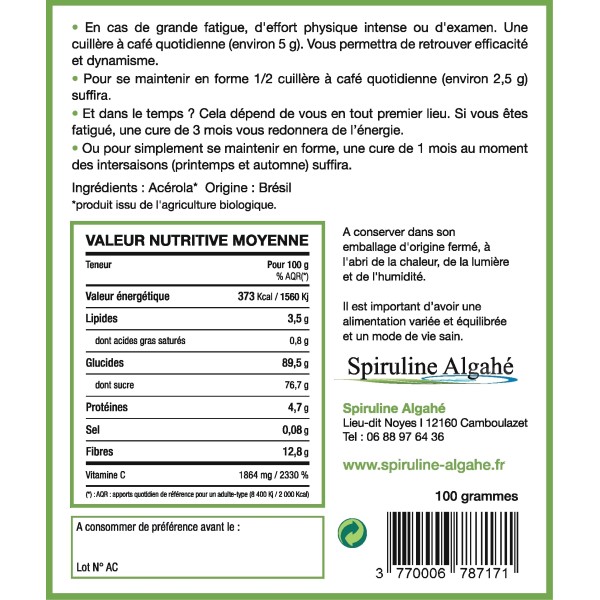 Acérola vert bio en poudre sachet de 100g